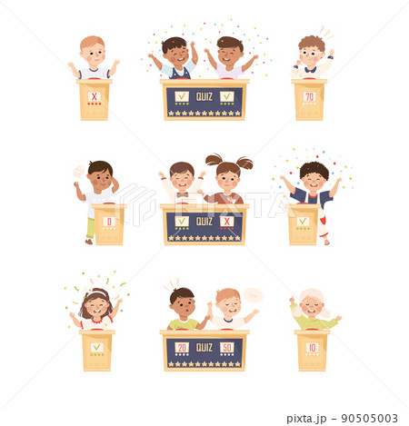 Kids Playing Quiz Game or Mind Sport Standing at Press Button Answering Question Vector Set 90505003