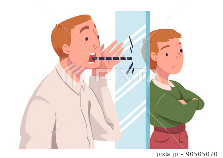 Man Father Shouting Against Glass Wall to His Son as Problematic Communication and Misunderstanding Between Parent and Child Vector Illustration 90505070