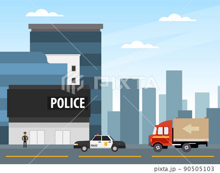 Police Work with Car and Man Officer in Uniform Near Department Building as Guardian of Law and Order Vector Illustration 90505103