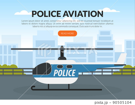 Police Aviation Web Banner Design with Helicopter and Cityscape Backdrop Vector Template 90505104