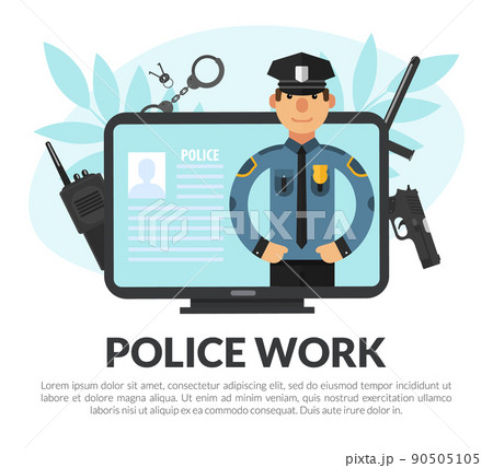 Police Work Web Banner with Computer Screen and Man Officer in Uniform as Guardian of Law and Order Vector Illustration 90505105