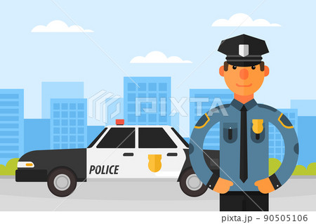 Police Work with Car and Man Officer in Uniform as Guardian of Law and Order Vector Illustration Police Work with Car and Man Officer in Uniform as Guardian of Law and Order Vector Illustration 90505106