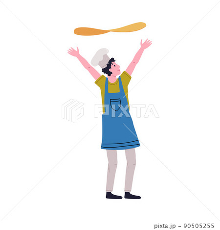 Man Pizzaiolo in Toque Throwing Dough in the Air Cooking Pizza Vector Illustration Man Pizzaiolo in Toque Throwing Dough in the Air Cooking Pizza Vector Illustration 90505255