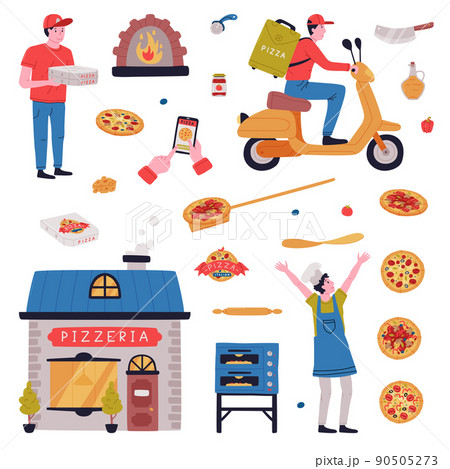 Italian Pizza Cooking and Delivery Service with Wood-fired Oven, Pizzaiolo and Courier on Scooter Vector Set 90505273
