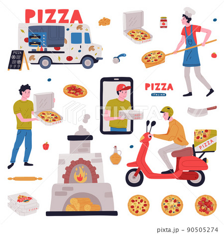 Italian Pizza Cooking and Delivery Service with Wood-fired Oven, Pizzaiolo and Courier on Scooter Vector Set Italian Pizza Cooking and Delivery Service with Wood-fired Oven, Pizzaiolo and Courier on Scooter Vector Set 90505274