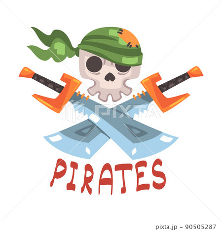 Pirate Skull in Bandana with Crossed Saber and Inscription Vector Illustration Pirate Skull in Bandana with Crossed Saber and Inscription Vector Illustration 90505287