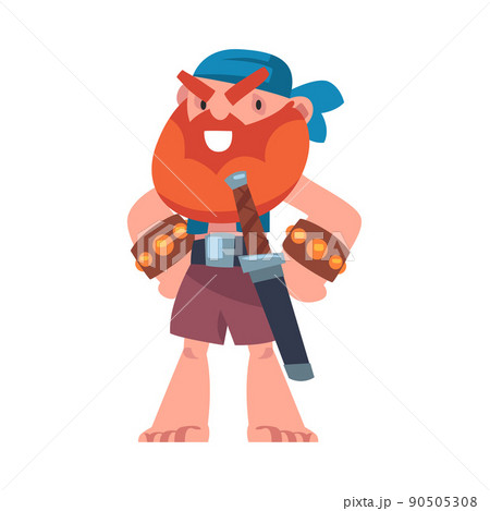 Bearded Barefoot Pirate or Buccaneer with Saber Standing with Hands on Hips Vector Illustration 90505308