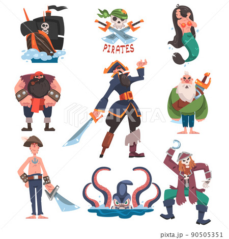 Pirates or Buccaneer with Ship, Sea Monster Kraken, Mermaid and Skull Vector Set 90505351