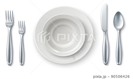 Realistic table setting. White plate with serving cutlery Realistic table setting. White plate with serving cutlery 90506426