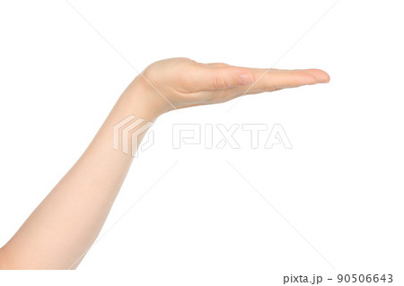 Woman hand shows virtual holding something, on white background 90506643