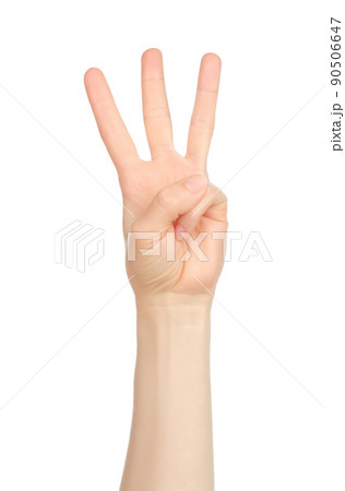 Woman hand shows finger-counting, on white background 90506647