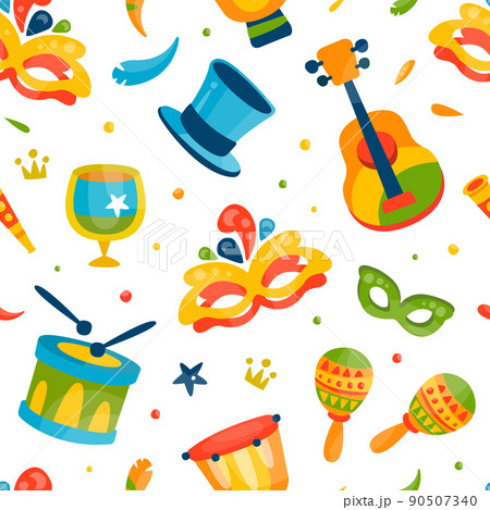 Brazilian Rio Carnival Seamless Pattern with Drum and Masquerade Mask Vector Template 90507340
