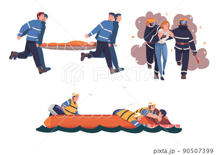 Rescue and Life Saving with People Character Helping in Emergency and Dangerous Situation Vector Set 90507399