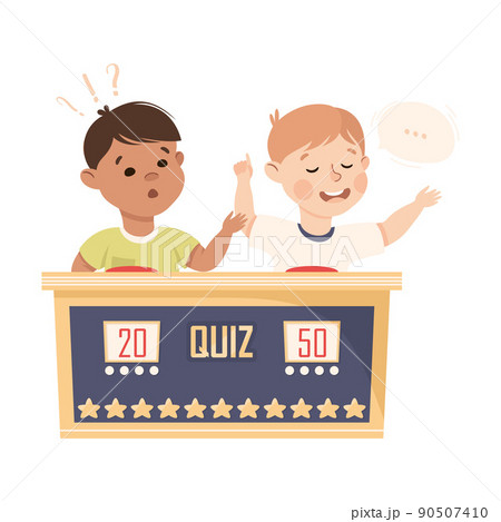 Little Boy Playing Quiz Game or Mind Sport Standing at Press Button Answering Question Vector Illustration Little Boy Playing Quiz Game or Mind Sport Standing at Press Button Answering Question Vector Illustration 90507410