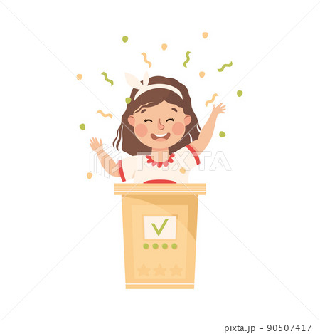 Little Girl Winning Quiz Game or Mind Sport Standing at Press Button and Cheering Vector Illustration Little Girl Winning Quiz Game or Mind Sport Standing at Press Button and Cheering Vector Illustration 90507417