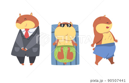 Cute Hamster Character with Stout Body Sunbathing and Wearing Office Suit Vector Set 90507441