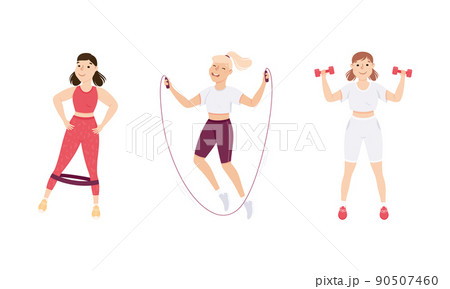 Young Female in Athletic Wear at Gym Doing Physical Exercise and Workout Vector Set 90507460