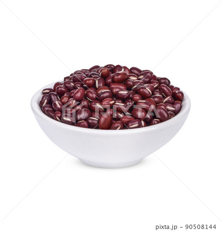 Red bean seeds in a white cup isolated on white background Red bean seeds in a white cup isolated on white background 90508144
