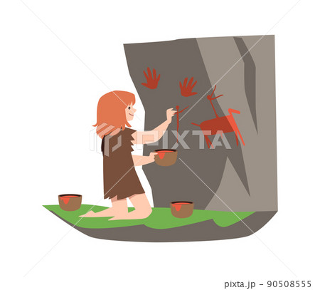 Stone age child drawing with red paint on rock or cave, flat vector illustration isolated on white background. 90508555