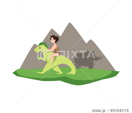 Little cunning boy dressed in animal skin riding green dinosaur flat style 90508570