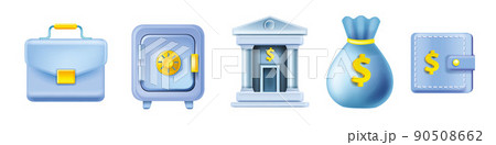 3D bank icon set, vector business finance money illustration, payment wallet, locked safe money sack 90508662