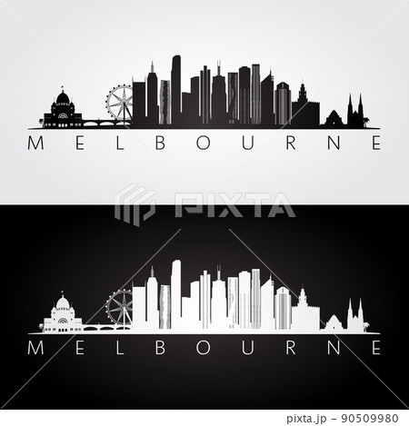 Melbourne skyline and landmarks silhouette 90509980