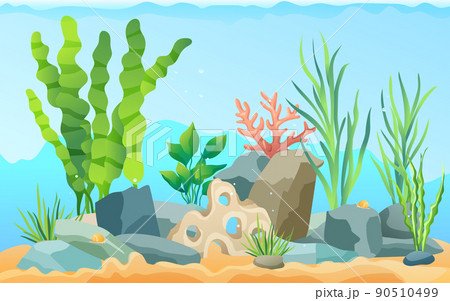 Seascape Rocks and Plants Vector Illustration 90510499