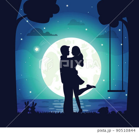 Man and Woman Standing Together at Night Vector Man and Woman Standing Together at Night Vector 90510844