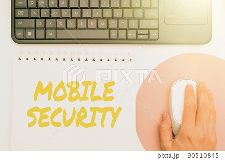 Text showing inspiration Mobile Security. Business idea Protection of mobile phone from threats and vulnerabilities Office Supplies Over Desk With Keyboard And Glasses And Coffee Cup For Working Text showing inspiration Mobile Security. Business idea Protection of mobile phone from threats and vulnerabilities Office Supplies Over Desk With Keyboard And Glasses And Coffee Cup For Working 90510845