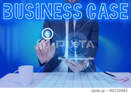 Text sign showing Business Case. Business idea Proposition Undertaking Verbal Presentation New Task Man holding Screen Of Mobile Phone Showing The Futuristic Technology. 90510882