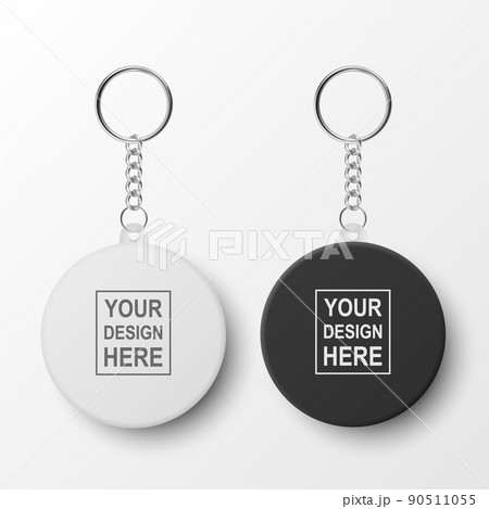 Vector 3d Realistic Blank Black, White Round Keychain with Ring and Chain for Key Isolated on White. Button Badge with Ring Set. Plastic, Metal ID Badge with Chains Key Holder, Design Template, Mockup Vector 3d Realistic Blank Black, White Round Keychain with Ring and Chain for Key Isolated on White. Button Badge with Ring Set. Plastic, Metal ID Badge with Chains Key Holder, Design Template, Mockup 90511055