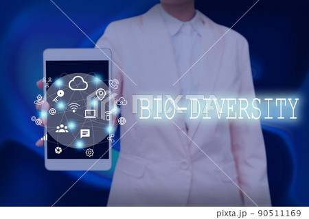 Sign displaying Bio Diversity. Conceptual photo Variety of Life Organisms Marine Fauna Ecosystem Habitat Lady Pressing Screen Of Mobile Phone Showing The Futuristic Technology Sign displaying Bio Diversity. Conceptual photo Variety of Life Organisms Marine Fauna Ecosystem Habitat Lady Pressing Screen Of Mobile Phone Showing The Futuristic Technology 90511169
