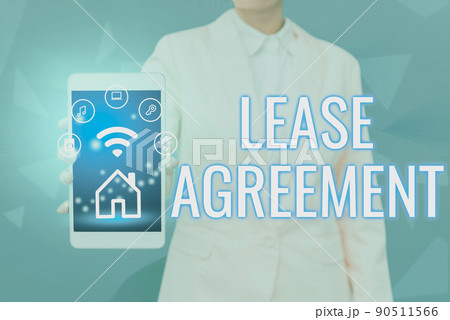 Text caption presenting Lease Agreement. Business overview Contract on the terms to one party agrees rent property Lady Pressing Screen Of Mobile Phone Showing The Futuristic Technology 90511566