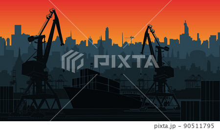Silhouette commercial port with container ship at the pier and cargo cranes, city skyline on background with sunset sky. Cityscape and cargo port with cranes. Silhouette commercial port with container ship at the pier and cargo cranes, city skyline on background with sunset sky. Cityscape and cargo port with cranes. 90511795