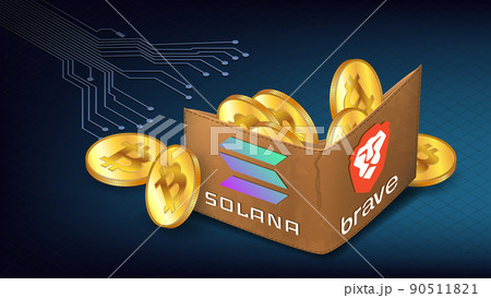 Isometric PCB tracks stretching to wallet full of Bitcoin BTC golden coins and logo Brave browser and Solana blockchain on blue. Brave now Integrates with Solana to Expand Web3 Access. Isometric PCB tracks stretching to wallet full of Bitcoin BTC golden coins and logo Brave browser and Solana blockchain on blue. Brave now Integrates with Solana to Expand Web3 Access. 90511821