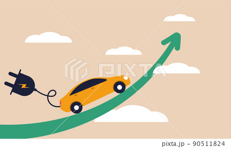 Electric stock car and ev increase earning. Profit vehicle and environment energy market graph vector illustration concept. Environment technology recharge and renewable solar power investment. 90511824