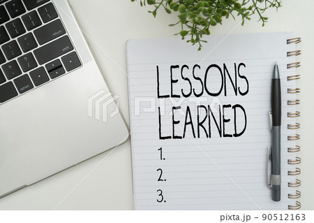 Inspiration showing sign Lessons Learned. Business showcase Promote share and use knowledge derived from experience Office Supplies Over Desk With Keyboard And Glasses And Coffee Cup For Working 90512163