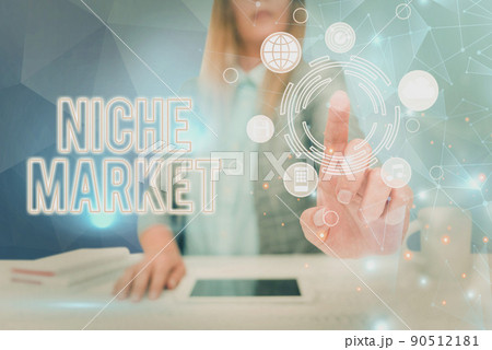 Conceptual display Niche Market. Concept meaning Subset of the market on which specific product is focused Lady in suit pointing finger upwards symbolizing successful teamwork. Conceptual display Niche Market. Concept meaning Subset of the market on which specific product is focused Lady in suit pointing finger upwards symbolizing successful teamwork. 90512181