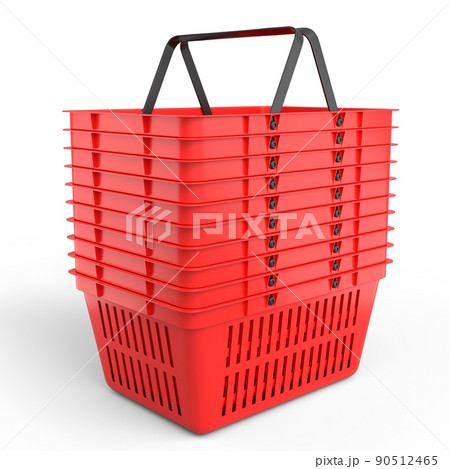 Stack of plastic basket from supermarket for online shopping on white background 90512465