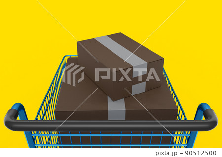 Shopping cart or trolley with cardboard boxes on yellow background. Shopping cart or trolley with cardboard boxes on yellow background. 90512500