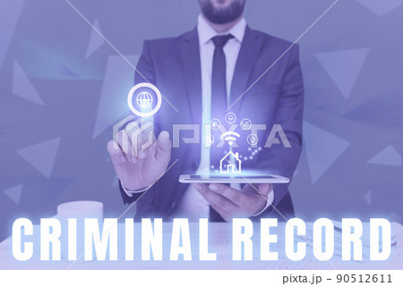 Handwriting text Criminal Record. Business overview profile of a person criminal history with details Man holding Screen Of Mobile Phone Showing The Futuristic Technology. 90512611