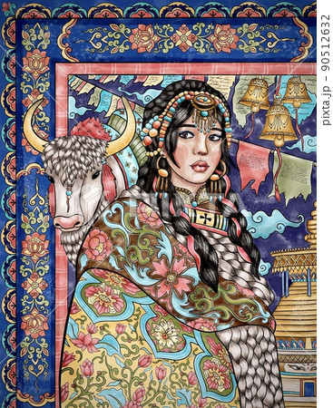 Tibetan woman in traditional dress with yak and ornamental background, illustration Tibetan woman in traditional dress with yak and ornamental background, illustration 90512632
