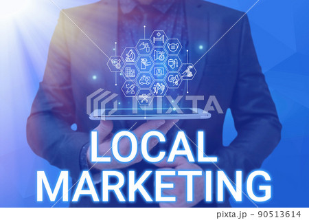 Inspiration showing sign Local Marketing. Word for A local business where a product buy and sell in area base Man holding Screen Of Mobile Phone Showing The Futuristic Technology. 90513614