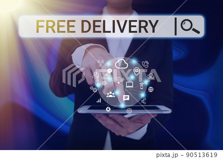 Inspiration showing sign Free Delivery. Word Written on Shipping Package Cargo Courier Distribution Center Fragile Lady Pressing Screen Of Mobile Phone Showing The Futuristic Technology 90513619