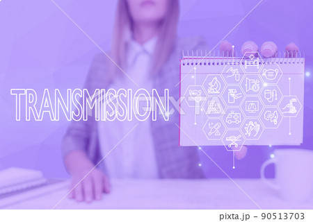 Handwriting text Transmission. Business concept Automobile engine part High voltage power electrical wires Lady Pressing Screen Of Mobile Phone Showing The Futuristic Technology 90513703