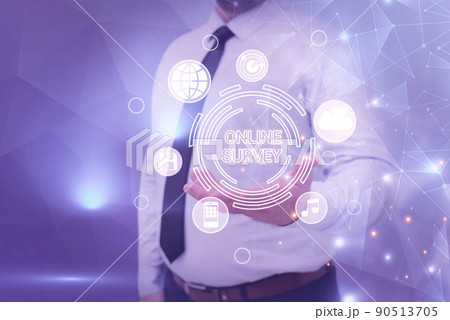 Text sign showing Online Survey. Internet Concept Reappraisal Feedback Poll Satisfaction Rate Testimony Businessman in suit holding open palm symbolizing successful teamwork. Text sign showing Online Survey. Internet Concept Reappraisal Feedback Poll Satisfaction Rate Testimony Businessman in suit holding open palm symbolizing successful teamwork. 90513705