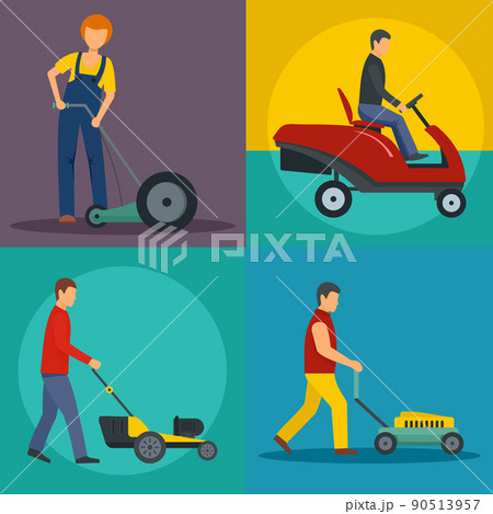 Lawnmower service banner concept set, flat style 90513957