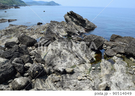 奇岩怪石の磯が続く 庄内海岸の岩場 90514049