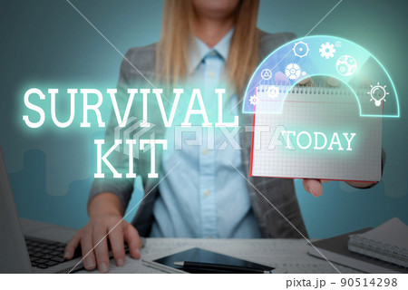 Inspiration showing sign Survival Kit. Word for Emergency Equipment Collection of items to help someone Lady in suit holding notepad representing innovative thinking. Inspiration showing sign Survival Kit. Word for Emergency Equipment Collection of items to help someone Lady in suit holding notepad representing innovative thinking. 90514298