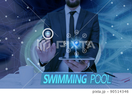 Conceptual display Swimming Pool. Business overview Structure designed to hold water for leisure activities Man holding Screen Of Mobile Phone Showing The Futuristic Technology. Conceptual display Swimming Pool. Business overview Structure designed to hold water for leisure activities Man holding Screen Of Mobile Phone Showing The Futuristic Technology. 90514346